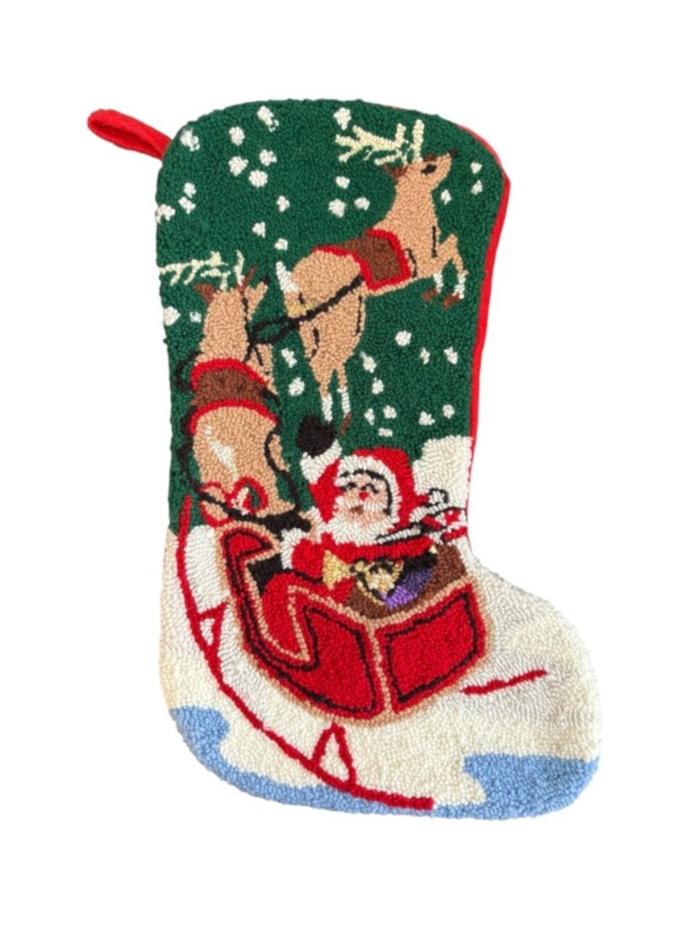 Christmas Stocking Looped Needlepoint Santa Claus Sleigh Reindeer 19"